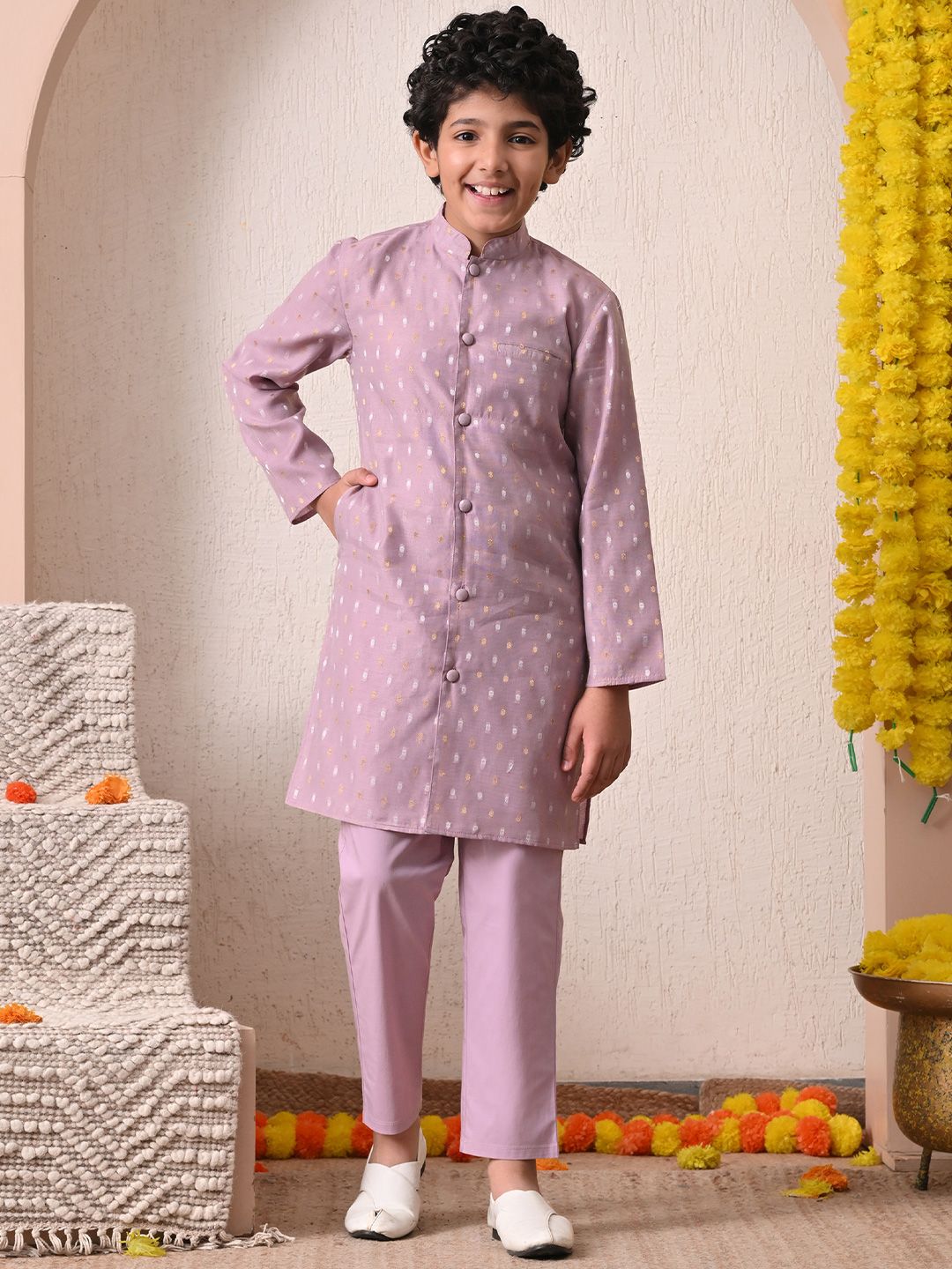 Indi Loom Couture Boys Lavender Chanderi Booti Kurta with Trouser Set ILBKS08