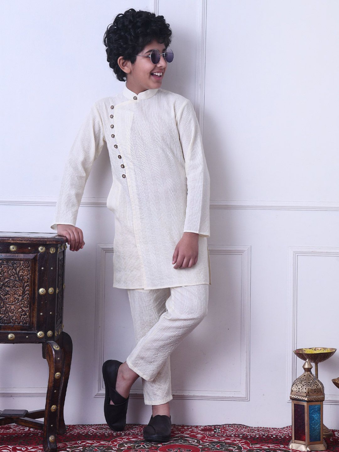Indi Loom Couture Boys Off White Solid Ethnic Kurta with Pajama Set ILBKS17
