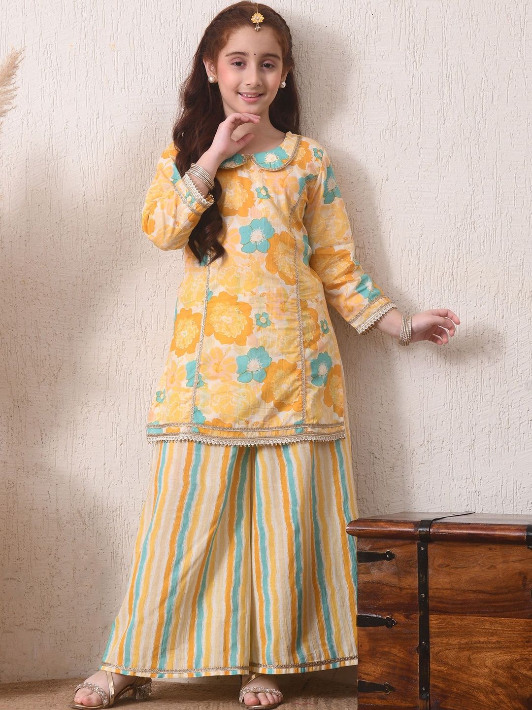 Indi Loom Couture Girls Yellow Floral Printed Kurta with Striped Palazzo Set ILKS76