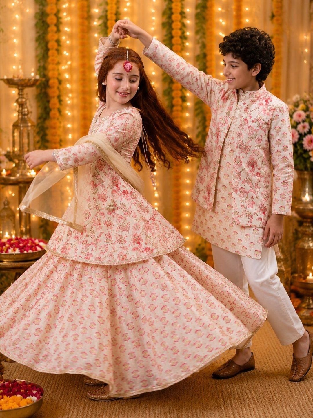 Indi Loom Couture Girls Off White Printed Kurta with Lehenga & Dupatta Set ILLCD34