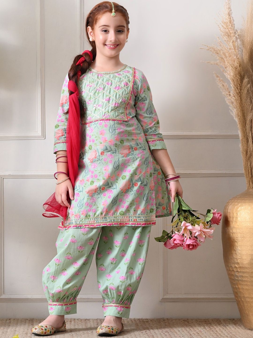 Indi Loom Couture Girls Orange Kurta Sharara Set with Dupatta ILKSD15