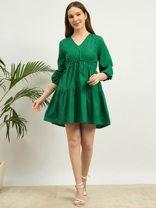 Zummer Green V-Neck Tiered Mini Dress