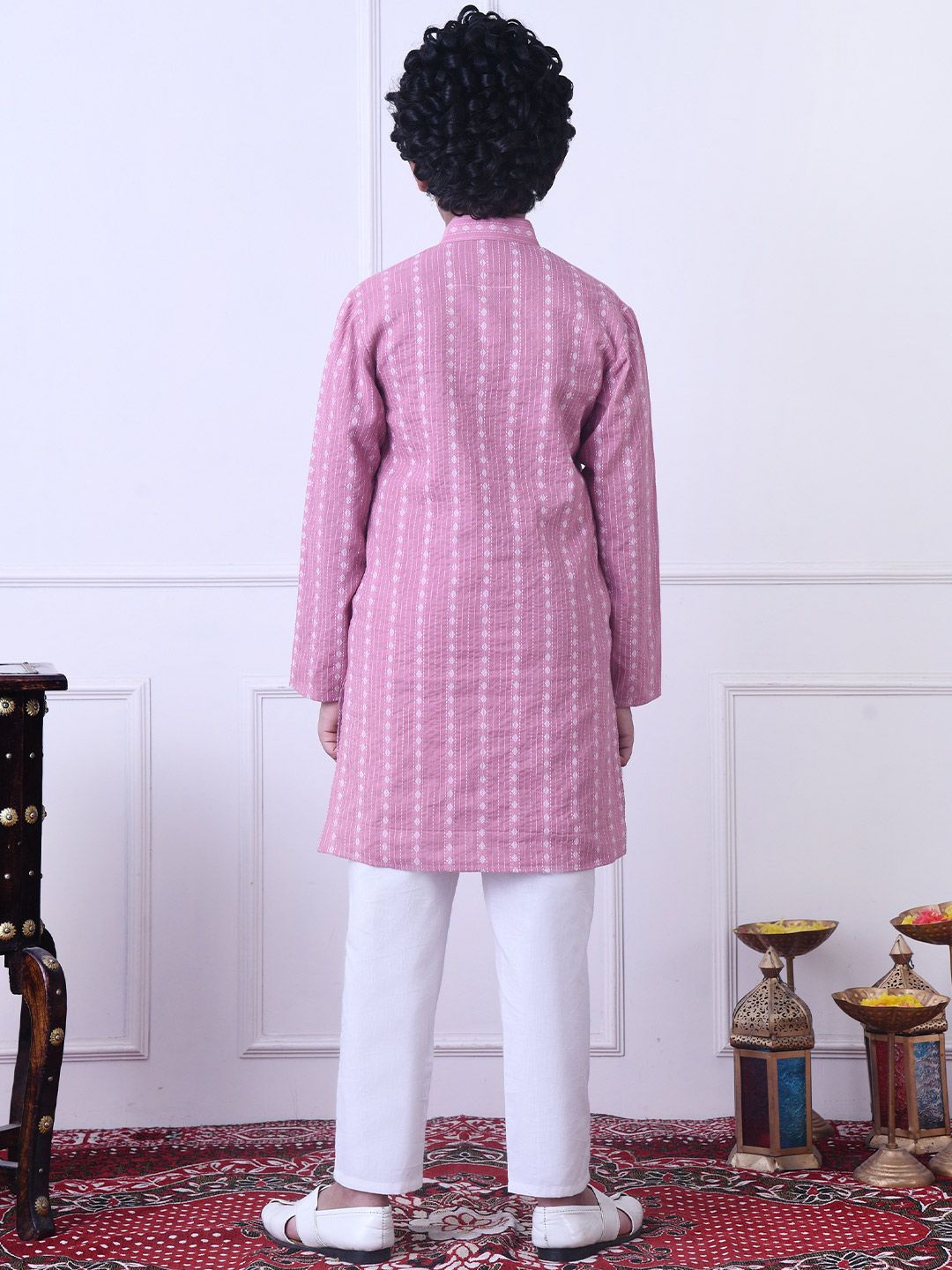 Indi Loom Couture Boys Pink Striped Ethnic Kurta with White Pajama Set ILBKS12