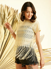 Women's Yellow Lace Sheer Top with Fringes