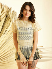 Women's Yellow Lace Sheer Top with Fringes
