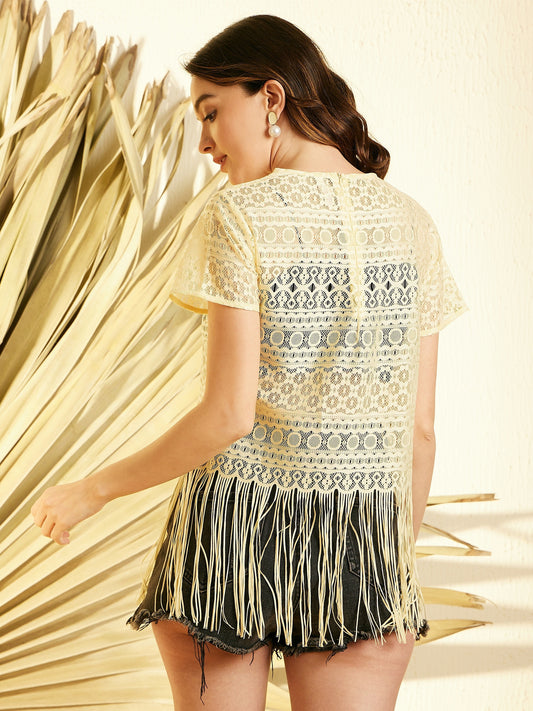 Women's Yellow Lace Sheer Top with Fringes