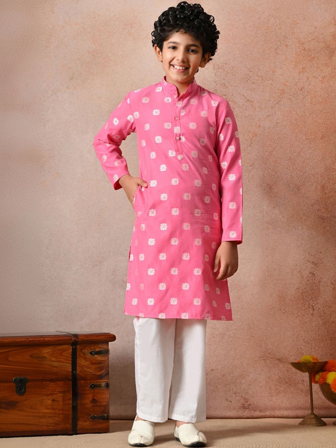 Indi Loom Couture Boys Pink Chanderi Jacquard Blazer Kurta with Pyjama Set ILBKS33