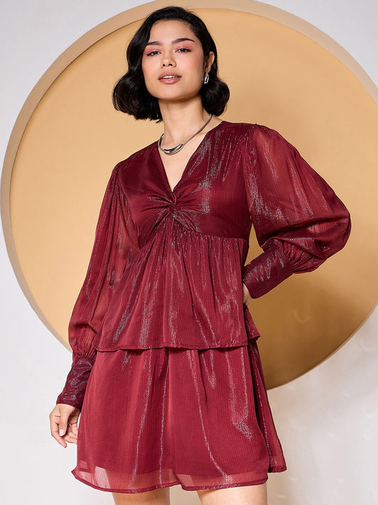 Zummer Maroon Front Twisted Short Flared Dress