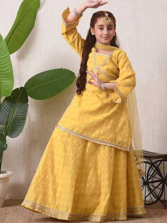 Indi Loom Couture Girls Yellow Chanderi Booti Kurta Skirt with Dupatta Set ILLCD39