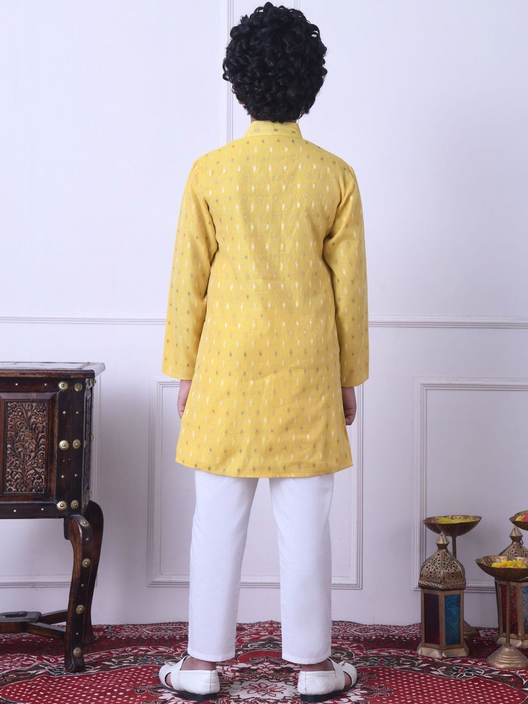 Indi Loom Couture Boys Yellow Chanderi Booti Ethnic Kurta with White Pajama Set ILBKS13