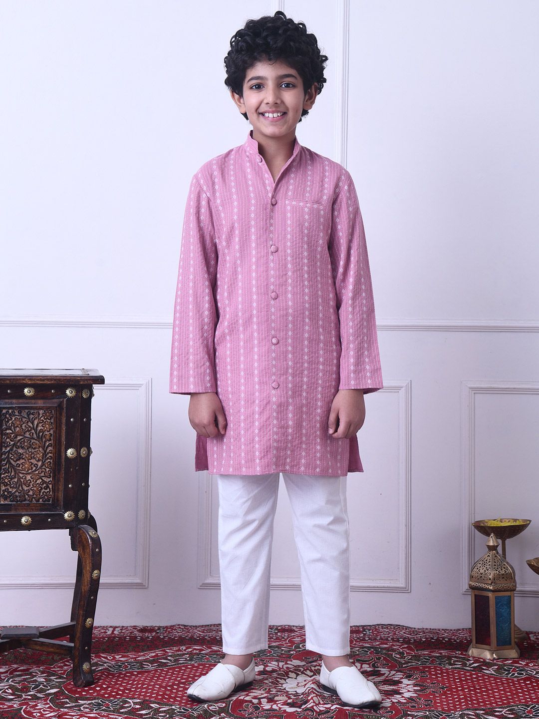 Indi Loom Couture Boys Pink Striped Ethnic Kurta with White Pajama Set ILBKS12