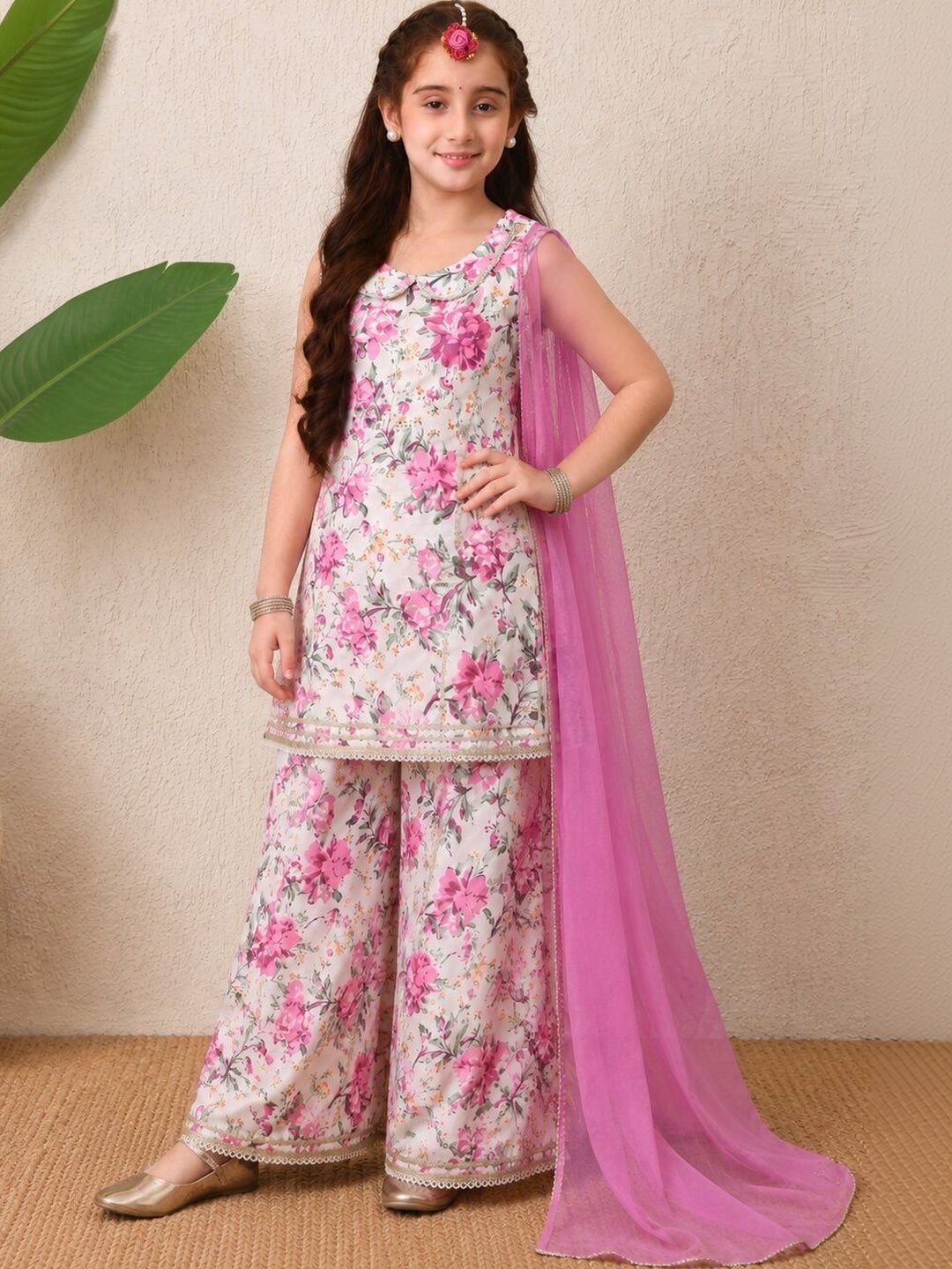 Girls White & Pink Floral Printed Kurta with Sharara and Dupatta Set ILKSD64