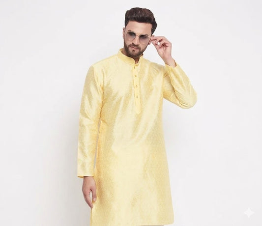 Vastramay - Men's Yellow Silk Blend Kurta Only