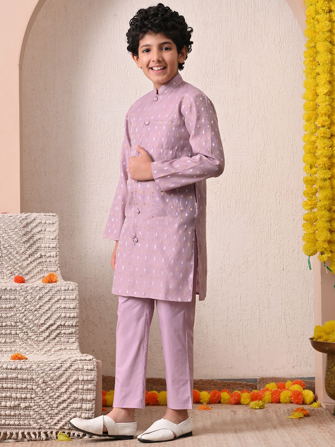 Indi Loom Couture Boys Lavender Chanderi Booti Kurta with Trouser Set ILBKS08
