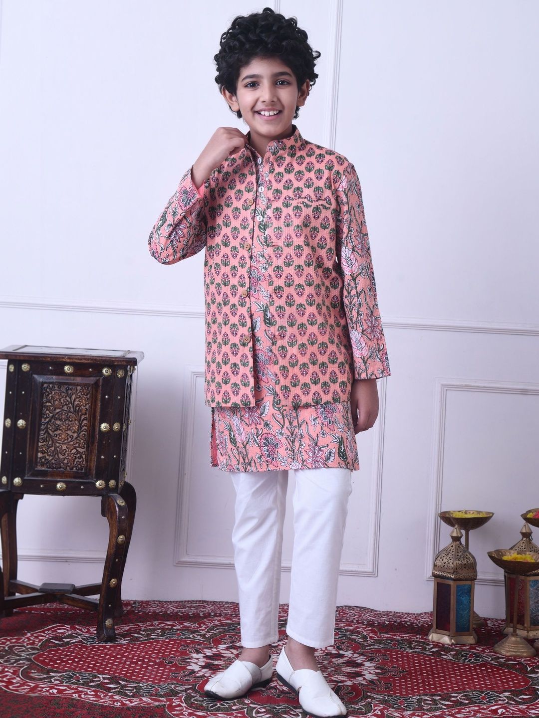 Indi Loom Couture Boys Peach Printed Cotton Kurta with white Pajama and Jacket Set ILBKSJ05