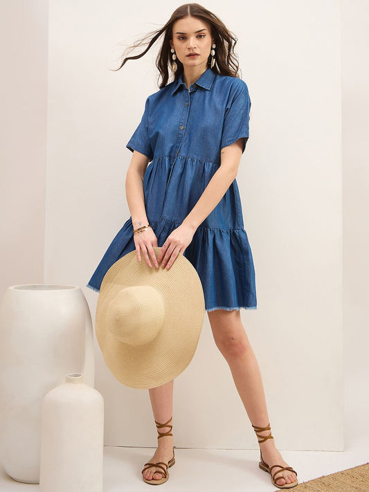 Zummer Light Blue Denim Front Button Mini Dress