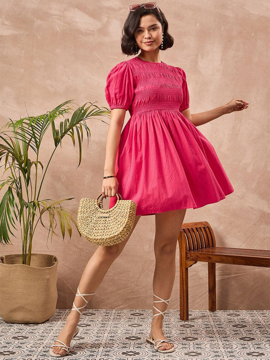 Zummer Magenta Poplin Smocked Mini Dress